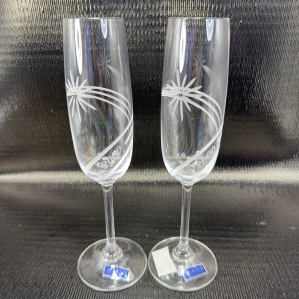 Waterford Millennium Clear Etched Set 2 Flutes Year 2000 Toasting Flutes Stems
